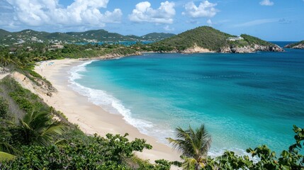 Fototapeta premium Scenic Caribbean beach with turquoise water, white sand, and lush greenery.