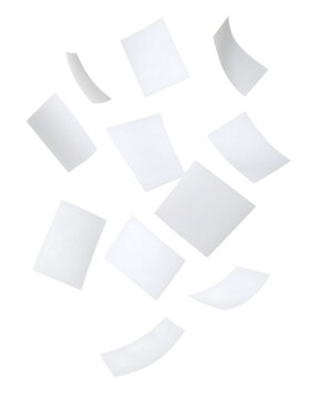Floating pristine white paper sheets dynamically suspended mid-air conveys data information paperwork business ideas concept