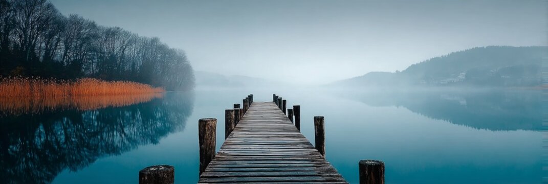Misty Lake Serenity with Wooden Pier in Foggy Waters, Reflecting Tranquil Nature and Calm Scenery