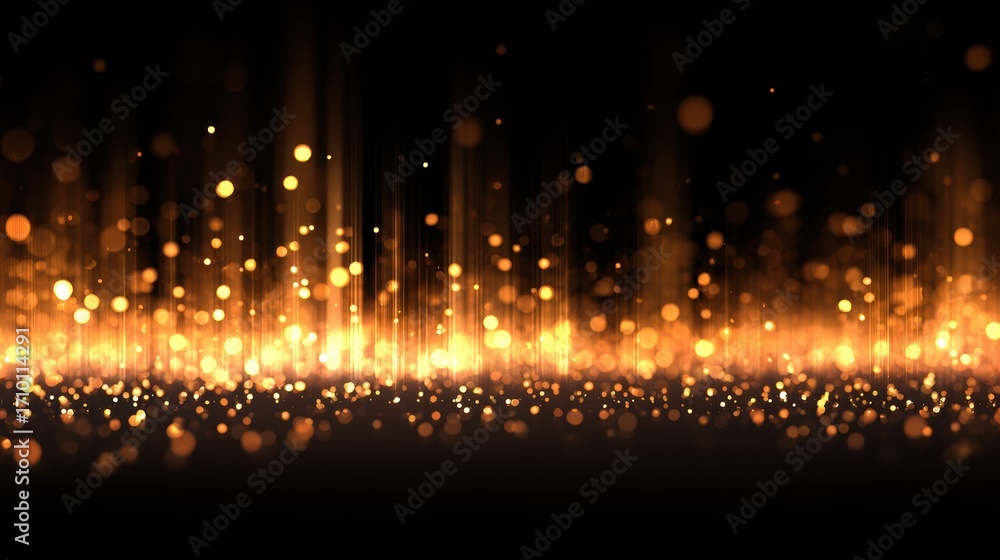 Poster glimmering golden particles rise and fall against a dark backdrop, creating a mesmerizing visual eff