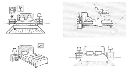 Naklejka premium Simple sketches of bedroom setups with beds lamps and decor