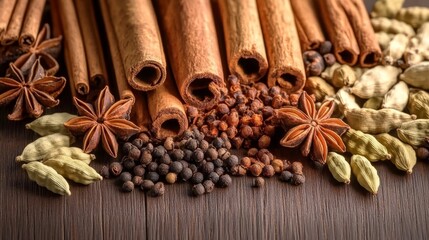 Fototapeta premium Aromatic Spice Still Life A Beautiful Arrangement of Whole Spices on Rustic Wooden Surface