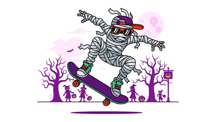 Spooky Skateboarding: A vibrant illustration of a mummy skateboarding in a Halloween-themed setting.  Showcasing a unique blend of holiday festivity and urban cool.