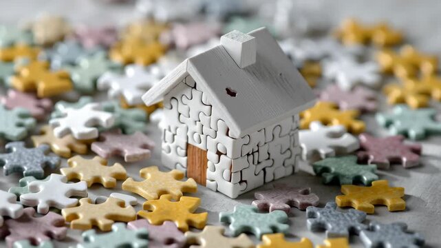 Refinance concept ,Mini house puzzle pieces jigsaw concept home property cozy mood unites playful detail calm focus mortgage
