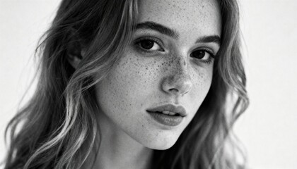 Naklejka premium Black and white portrait of a young freckled woman.