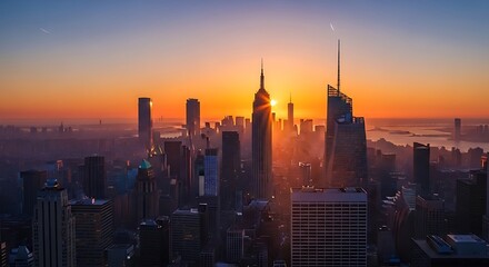 New York City skyline at sunrise with Empire State Building and skyscrapers dawn morning