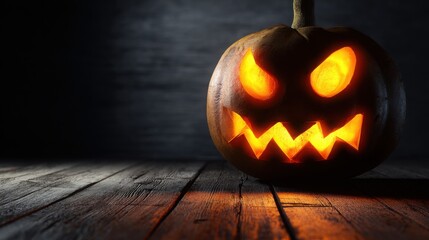 ominous. Carved Halloween pumpkin emitting an eerie orange glow, placed on weathered wooden planks for a spooky effect. event programs.
