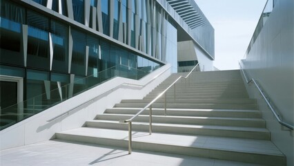 Obraz premium Modern architectural staircase leading to a glass-facade building under clear sky