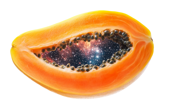 Floating papaya in realistic style with mesmerizing swirling interior emphasizing tropical freshness, colorful detail, and modern fruit artwork isolated on transparent background PNG