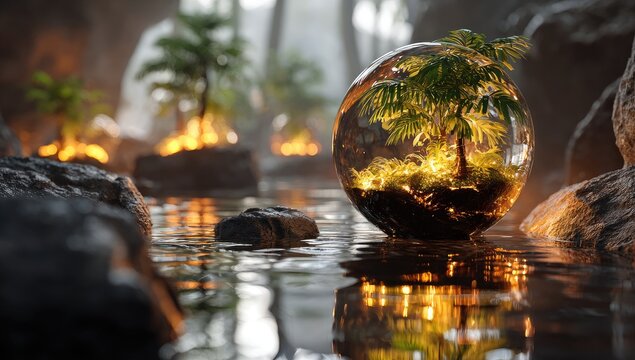 Crystal sphere, jungle, fire, water