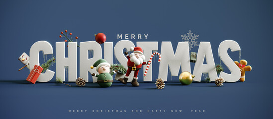 White Christmas letters with Christmas symbols on blue background. Creative Merry Christmas banner design. 3D Rendering, 3D Illustration