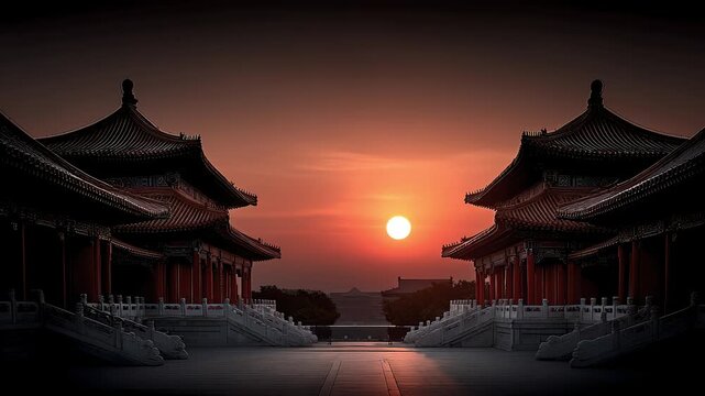 Classical Architecture of the Forbidden City at Sunset Displays Eastern Beauty