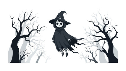 Fototapeta premium Spooky Witch in a Gloomy Forest: A whimsical witch in an oversized hat and flowing cloak floats gracefully through a spooky forest. Capturing the essence of Halloween. 