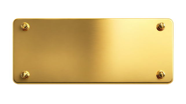 golden shiny blank metal nameplate isolated on transparent white background,