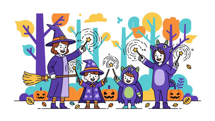 Whimsical Halloween Spell: A quartet of children, clad in enchanting costumes, conjures magical spells amidst a whimsical forest setting with animated charm. 