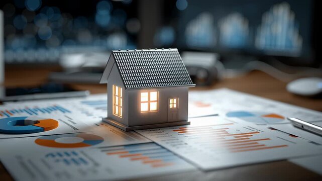 Refinance concept ,Glowing home outline house model real estate finance mortgage market chart mini house investment growth data