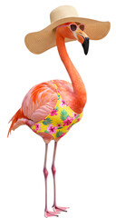 Vibrant flamingo wearing a sun hat and floral shirt, standing against a bright background, exuding summer vibes