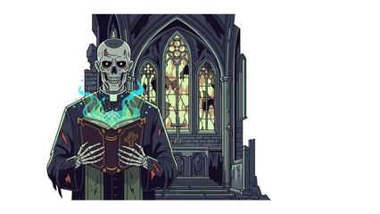 Spooky Skeleton in Church: An eerie skeleton, dressed in traditional religious attire, clutches a worn book while standing before stained-glass windows in a dilapidated church.