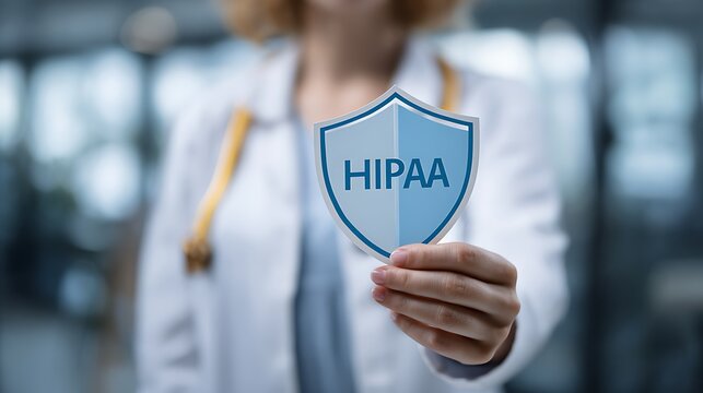 High quality image of female doctor holding a shield with hipaa text, medical data protection.