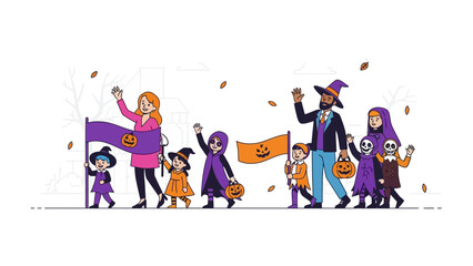 Fototapeta premium Halloween Procession: An inclusive and diverse Halloween parade of kids walking happily, led by a group of adult figures, all immersed in the celebratory spirit.