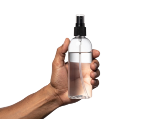 The Essence: A photorealistic depiction of a hand holding a spray bottle, filled with a transparent liquid.