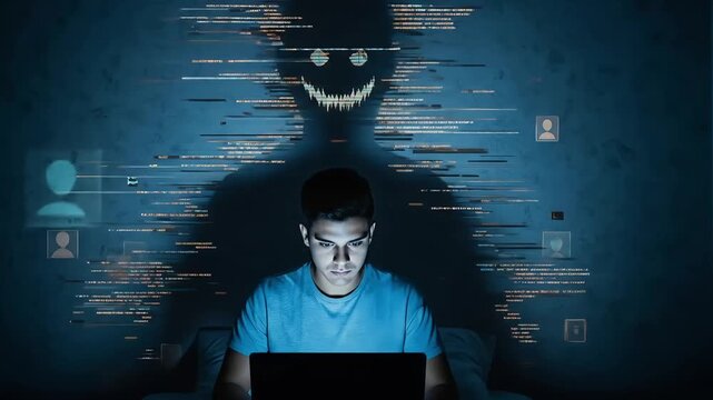 Hacker coding on a laptop in the dark as his shadow forms a scary monster, a cybersecurity threat concept - Powered by Adobe