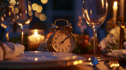 Golden Alarm Clock on Dinner Table Setting at Night