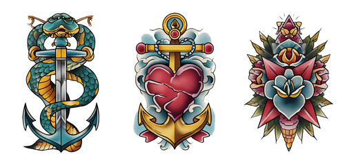 Vintage Anchor and Heart Tattoo Art with Snake and Flower Elements