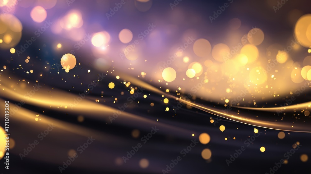Poster abstract background with shimmering golden bokeh lights and flowing waves, creating a dreamy atmosph