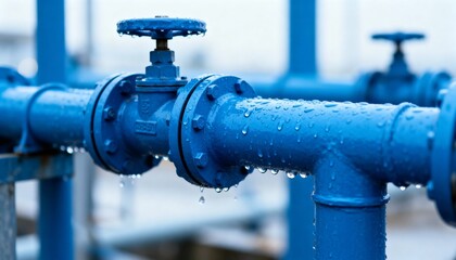 Close-up of blue industrial pipes and valves with water droplets.