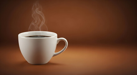 Steaming Cup of Black Coffee on Brown Background | Warm Morning Beverage for Cafe Menu, Advertising, and Relaxation Concepts