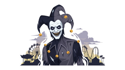 Mysterious Amusement: A sinister jester's sinister smile, set against a backdrop of whimsical amusement park rides, hints at a world of shadows and hidden truths. 