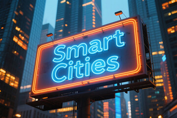 Futuristic smart cities neon sign illuminated at night with modern city skyscrapers in the background
