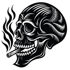 A black‑and‑white skull in profile, smoking a cigarette, with etched decoration and bold tattoo‑style line work.