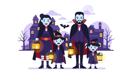 Spooky Family on Halloween Night: A cartoon depiction of a family dressed in spooky attire, with lanterns in front of a haunted house setting for Halloween.