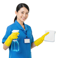 Smiling professional cleaner with spray bottle and cloth ready for housework transparent background