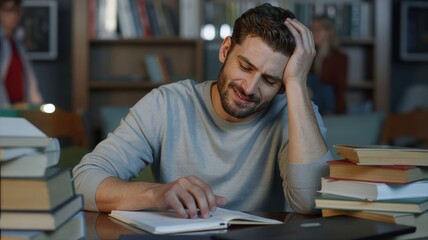 Study, stress and student at university with anxiety for a test. Young man with headache, worried and studying with textbook on desk in library. Tired in education, learning and stressed about exam