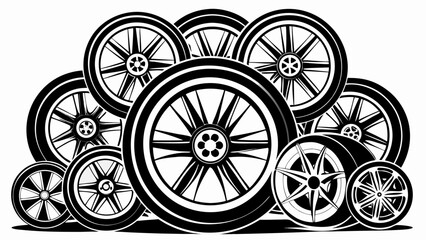 Fototapeta premium Vector art of a collection of various sized tires and wheels are stacked together in a pile