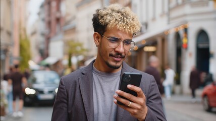 Stylish bearded hipster male using smartphone in the city on urban background
