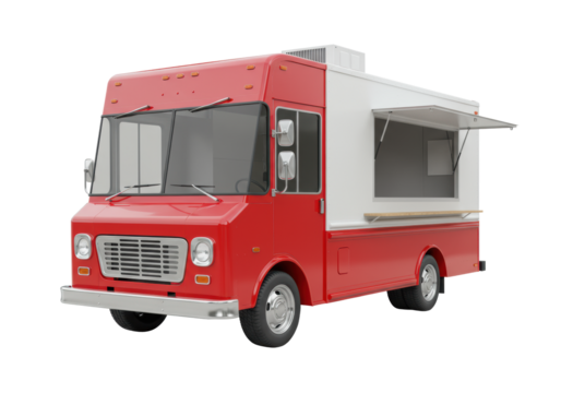 A modern industrial food truck with glossy red cabin, transparent body, open serving window, chrome bumper, dual headlights, roof AC unit, centered on transparent background, mobile business concept
