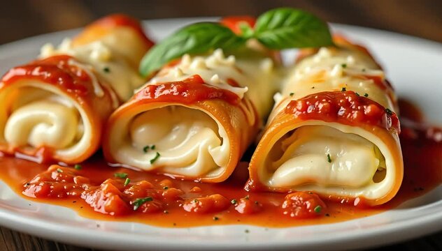 Close up of sliced canelones showing creamy filling with rich tomato sauce and melted cheese 