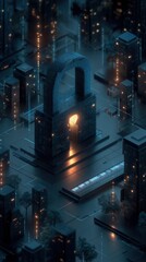 Password management event urban setting digital art nighttime environment aerial view cybersecurity concept