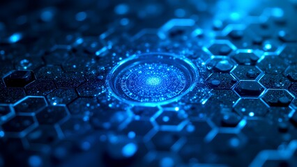A captivating abstract design featuring blue hexagons and a glowing central sphere, evoking a futuristic, digital atmosphere.