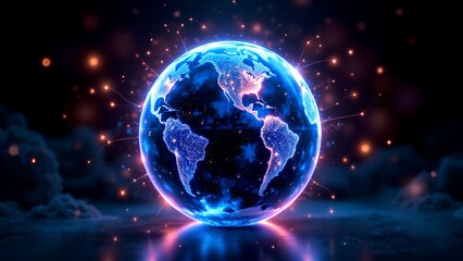 A vibrant, glowing representation of Earth surrounded by digital connections and cosmic elements, symbolizing technology and global connectivity.