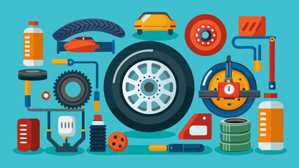 Vector art of flat vector illustration of car service and maintenance equipment, including tires, wheels, oil, and tools for repair and upkeep of vehicles