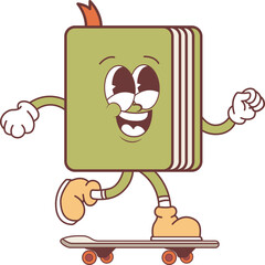 Happy Retro Book Character on a Skateboard