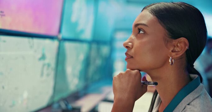 Woman, thinking and computer with screen for map, climate change and planning for weather forecast. Office, coworking and reporter with thoughts for satellite review, meteorology update and monitor