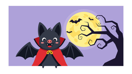 Halloween Bat Illustration: A charming illustration of a friendly bat dressed in a cape against a spooky night sky, celebrating the spirit of Halloween.