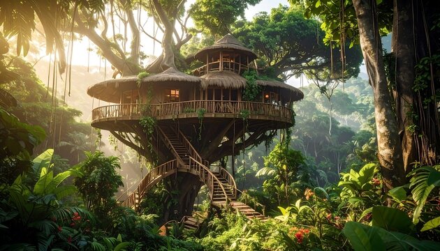 A treehouse nestled in a lush jungle canopy, illuminated by sunlight, featuring wooden architecture and a spiral staircase - Powered by Adobe