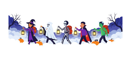 Halloween Parade: A colorful illustration capturing the spooky spirit of Halloween with figures dressed in various costumes, marching with lanterns.